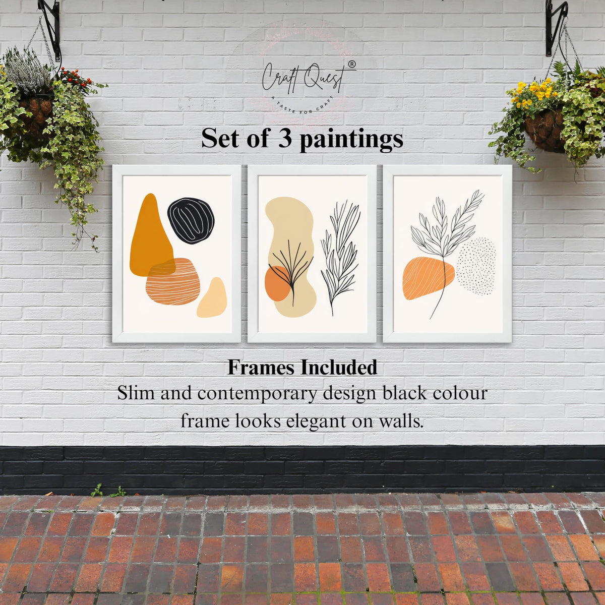 CRAFT QUEST Organic Abstract Line Art Modern Art | Set of 3 Frames for Home Decoration | Ideal for Living Room, Bedroom & Offices