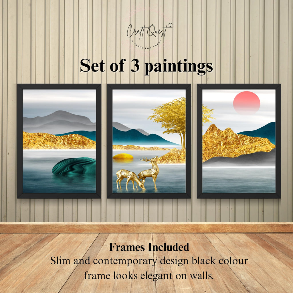 CRAFT QUEST Modern Art Landscapes Sanlian Abstract Wall Art | Set of 3 Frames for Home Decoration | Ideal for Living Room, Bedroom & Offices