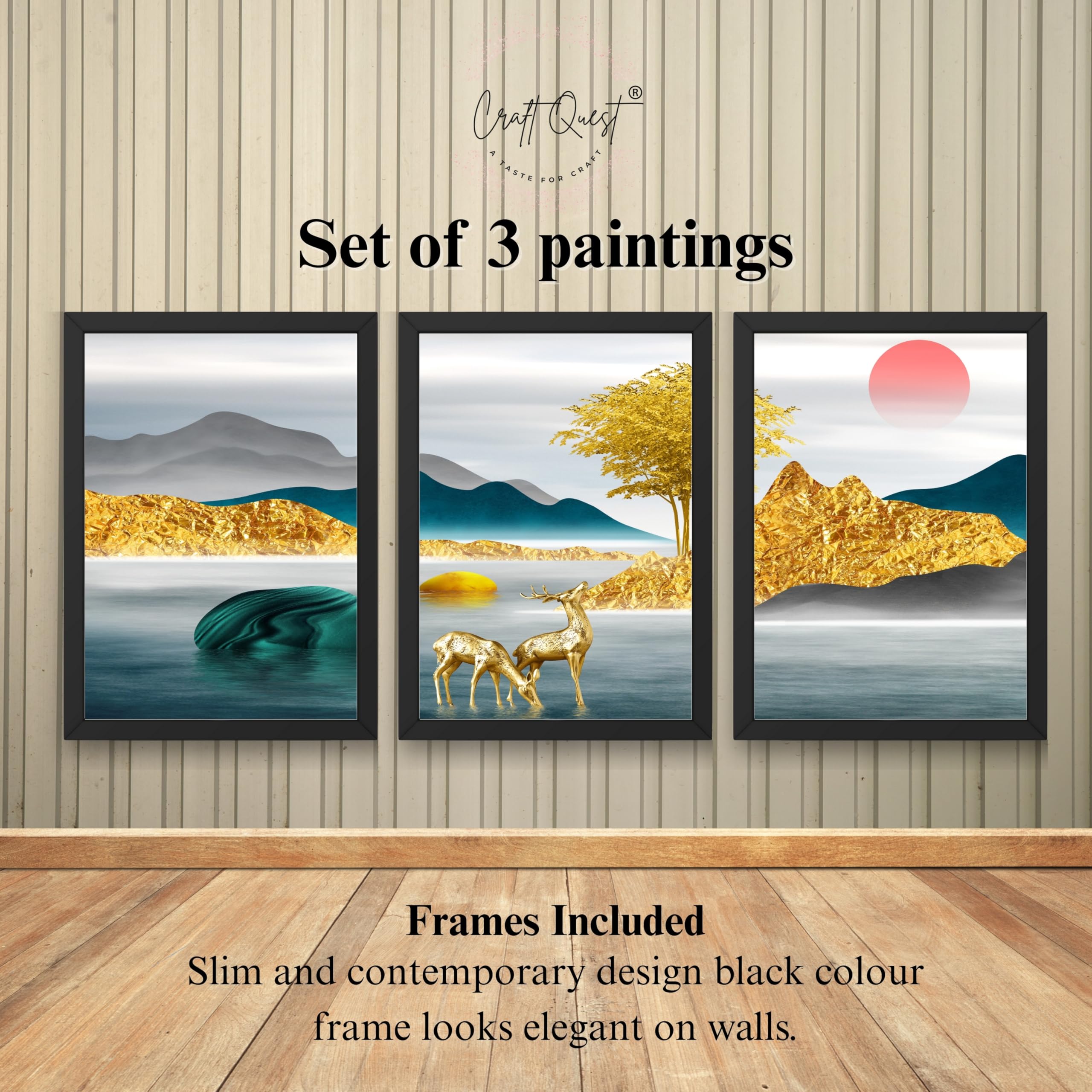 CRAFT QUEST Modern Art Landscapes Sanlian Abstract Wall Art | Set of 3 Frames for Home Decoration | Ideal for Living Room, Bedroom & Offices