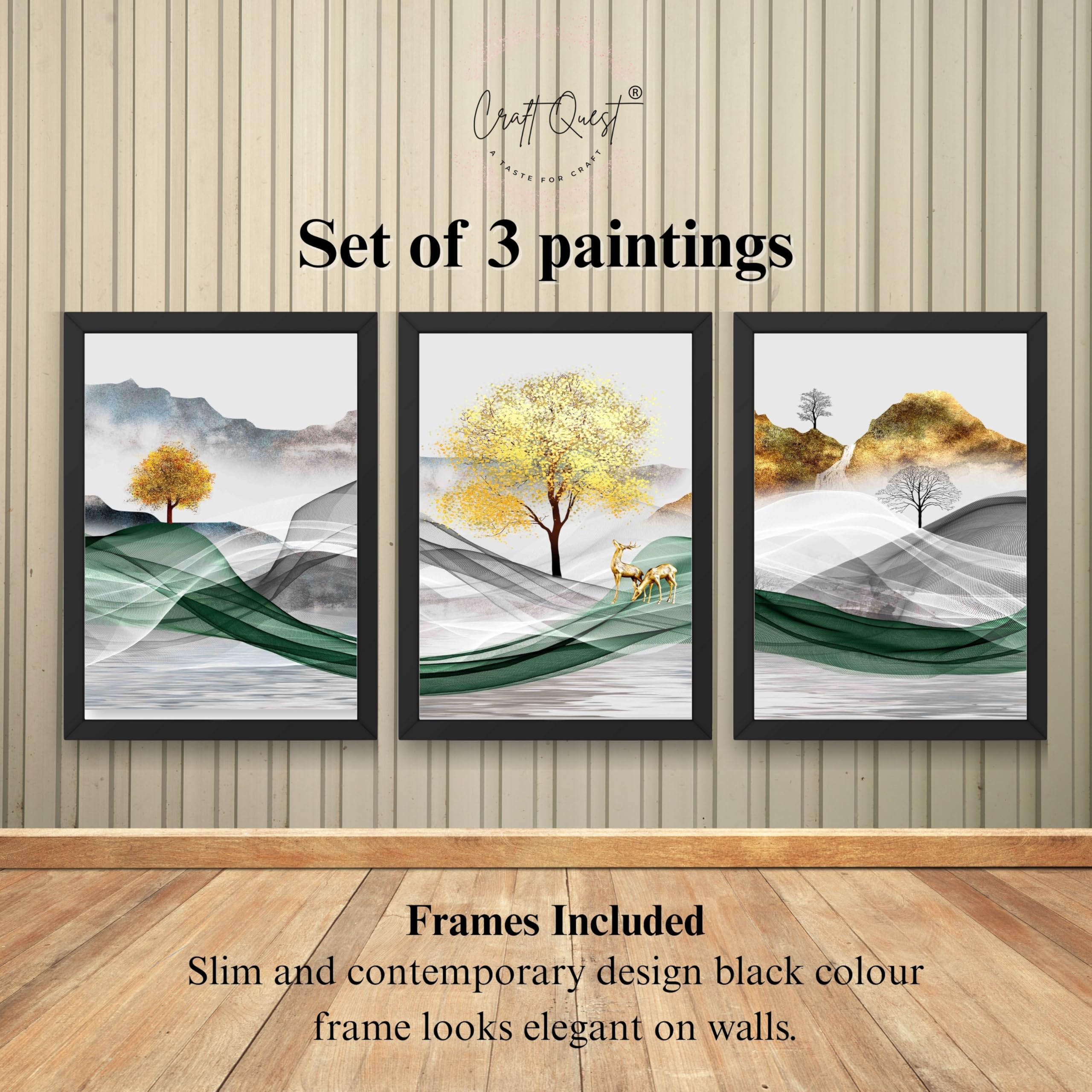 CRAFT QUEST Modern Art Landscapes Abstract Of Moose Golden Mural Wall Art | Set of 3 Frames for Home Decoration | Ideal for Living Room, Bedroom & Offices