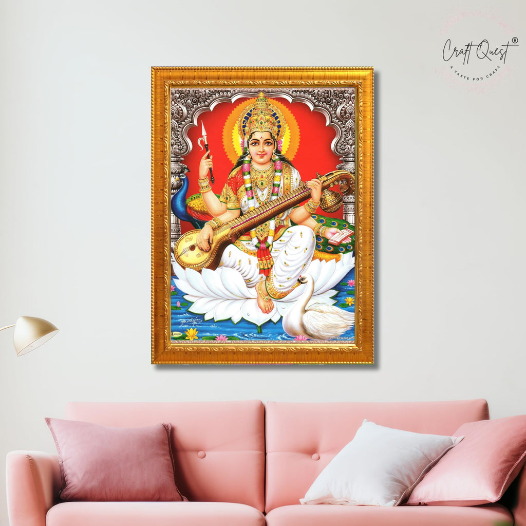 CRAFT QUEST Saraswati Devi Goddess Saraswathi Maa Wall Painting Sparkle Coated Framed Home Décor Synthetic wooden Frame