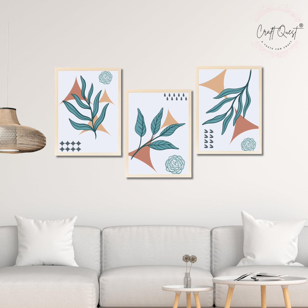 CRAFT QUEST Nature Inspired Botanical Wall Art Abstract Leaves Wall Art | Set of 3 Frames for Home Decoration | Ideal for Living Room, Bedroom & Office
