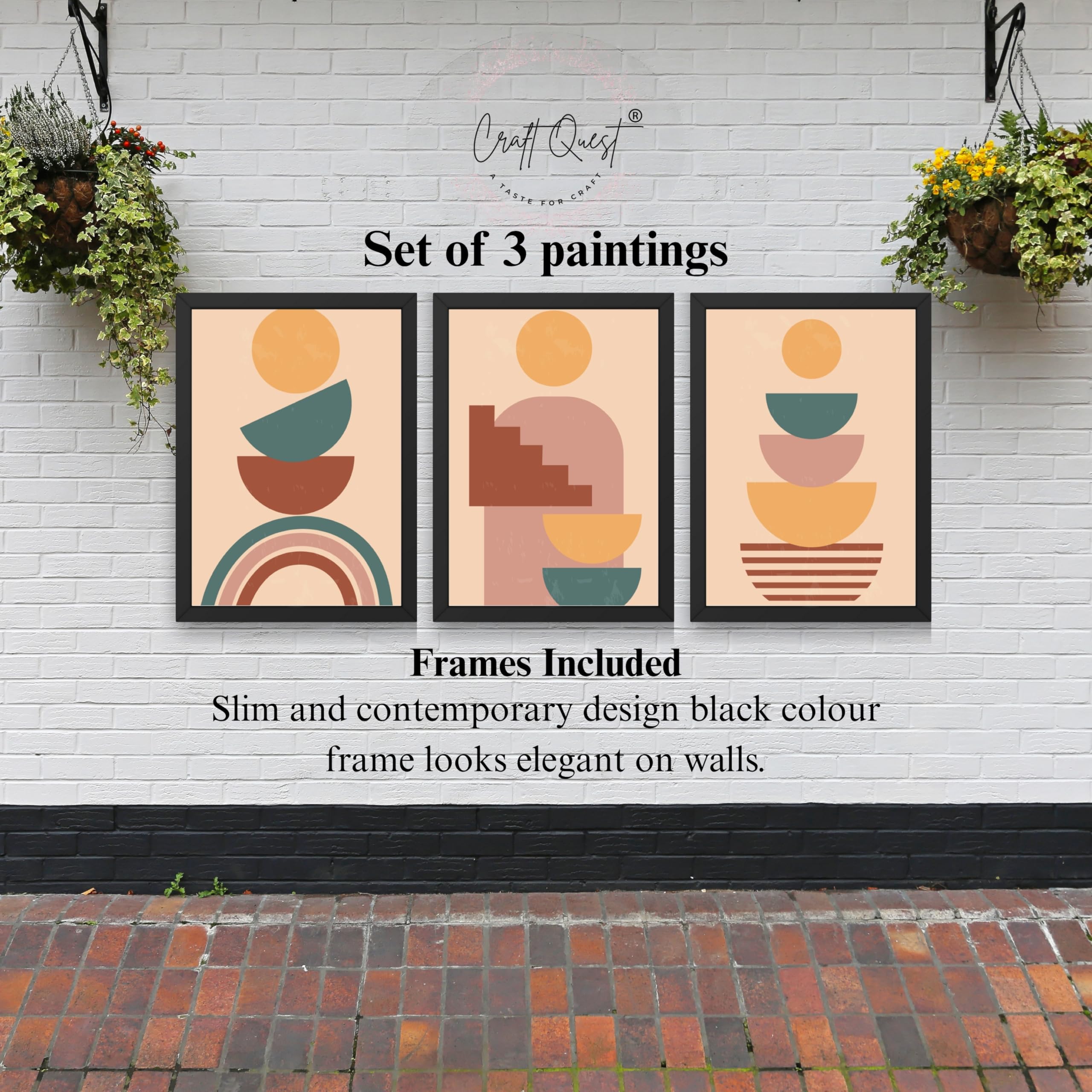 CRAFT QUEST Wall Art Decor Paintings | Set of 3 BOHO Wall Art Frames for Home Decoration | Ideal for Living Room, Offices & Bedrooms
