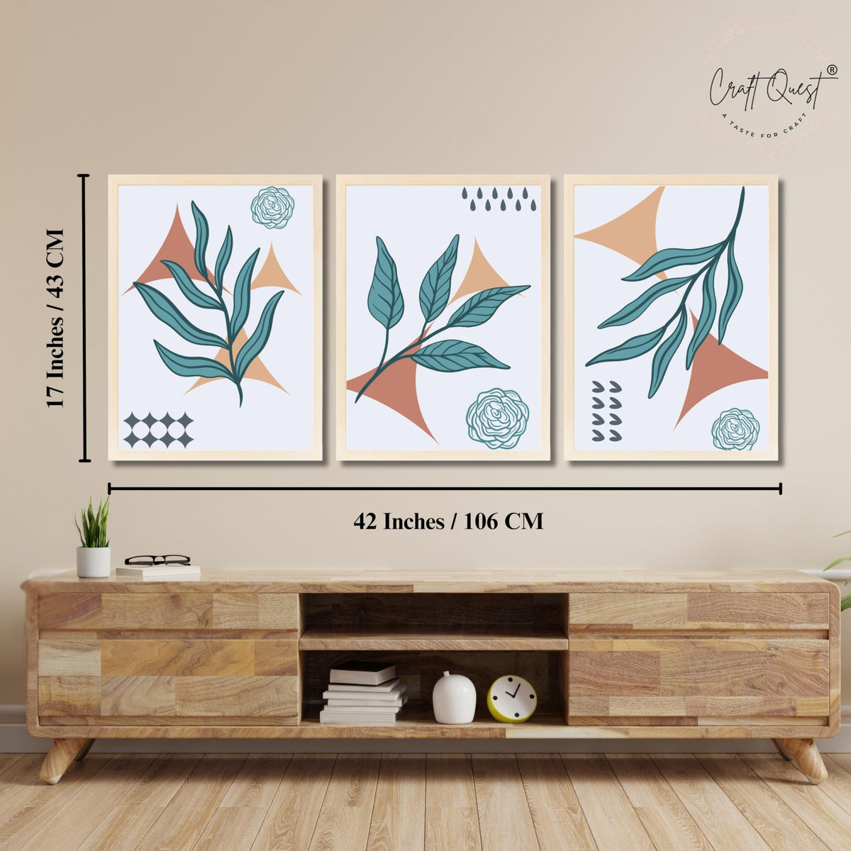 CRAFT QUEST Nature Inspired Botanical Wall Art Abstract Leaves Wall Art | Set of 3 Frames for Home Decoration | Ideal for Living Room, Bedroom & Office