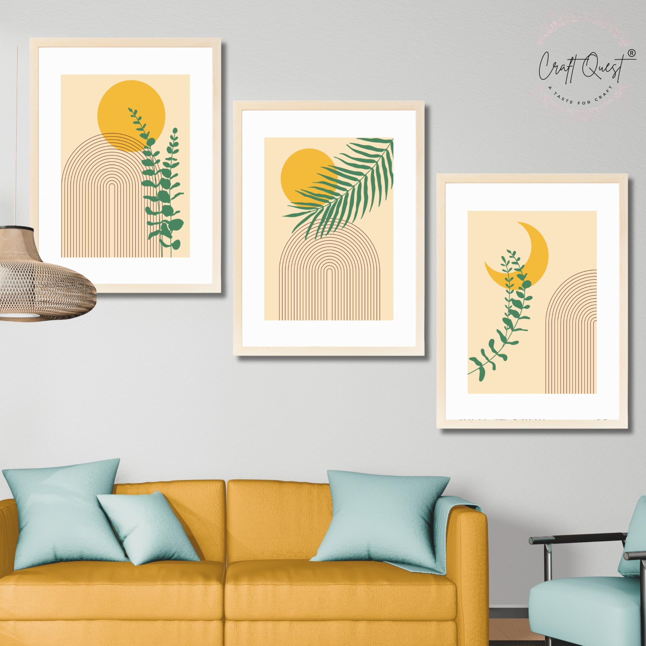 CRAFT QUEST Wall Art Decor Paintings | Set of 3 BOHO Wall Art Frames for Home Decoration | Ideal for Living Room, Bedroom & Office