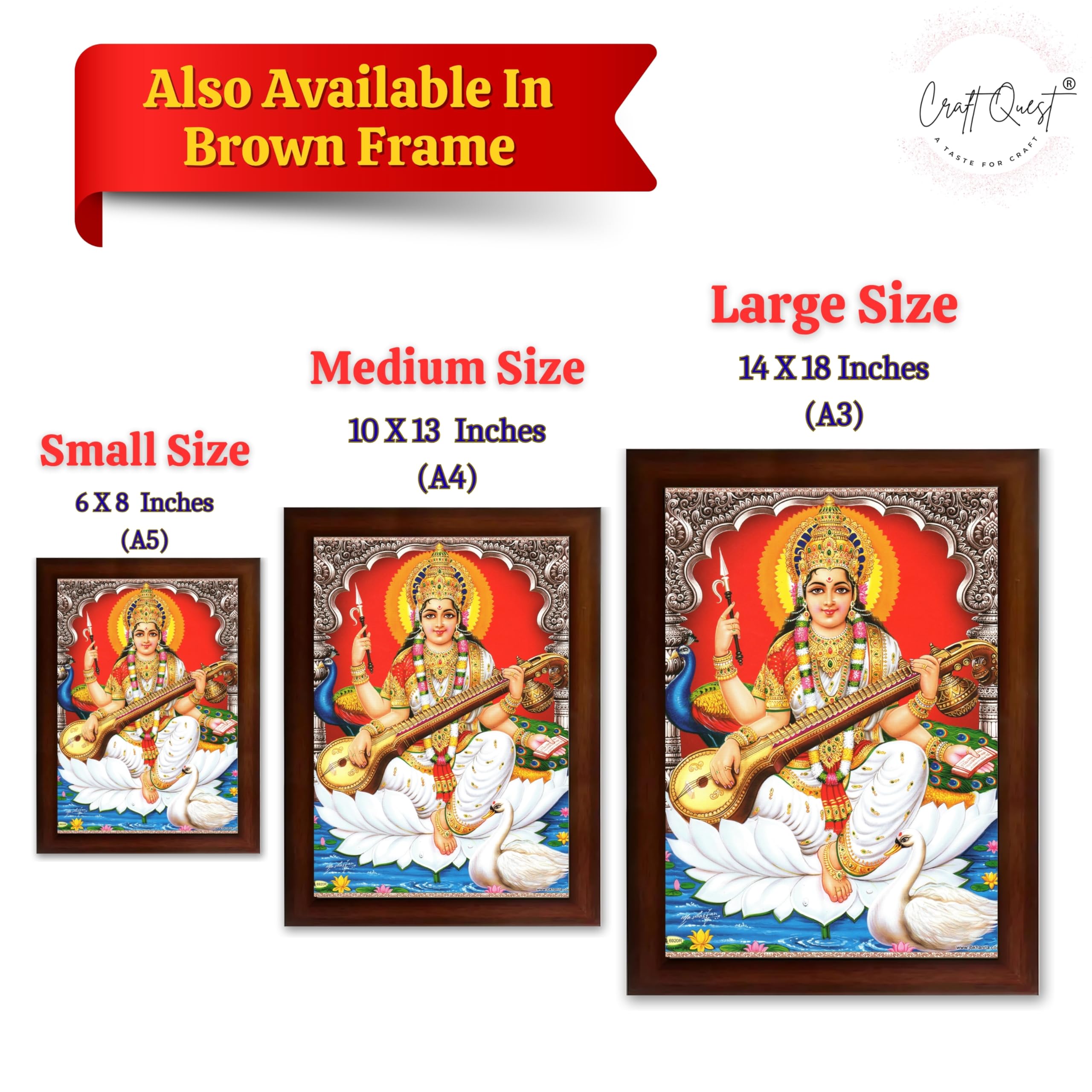 CRAFT QUEST Saraswati Devi Goddess Saraswathi Maa Wall Painting Sparkle Coated Framed Home Décor Synthetic wooden Frame