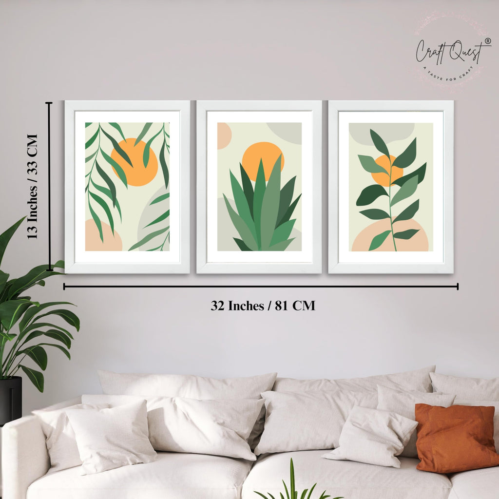 CRAFT QUEST Nature Inspired Botanical Abstract Wall Art | Set of 3 Frames for Home Decoration | Ideal for Living Room, Bedroom & Office