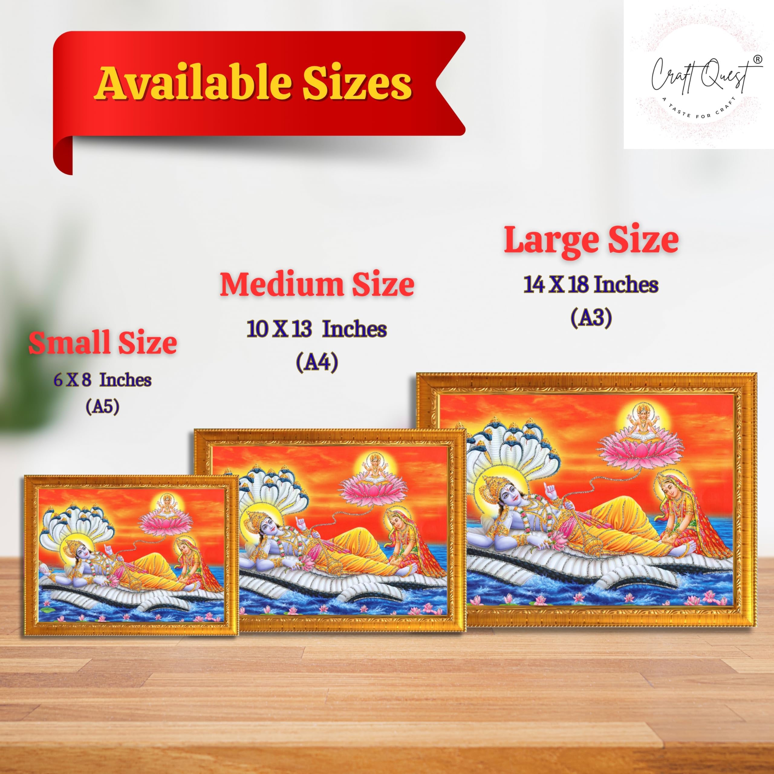 CRAFT QUEST Lord Vishnu and Goddess Lakshmi Giving Blessing on Shesh naag, landscape Glitter Work Painting Synthetic Wood Frame
