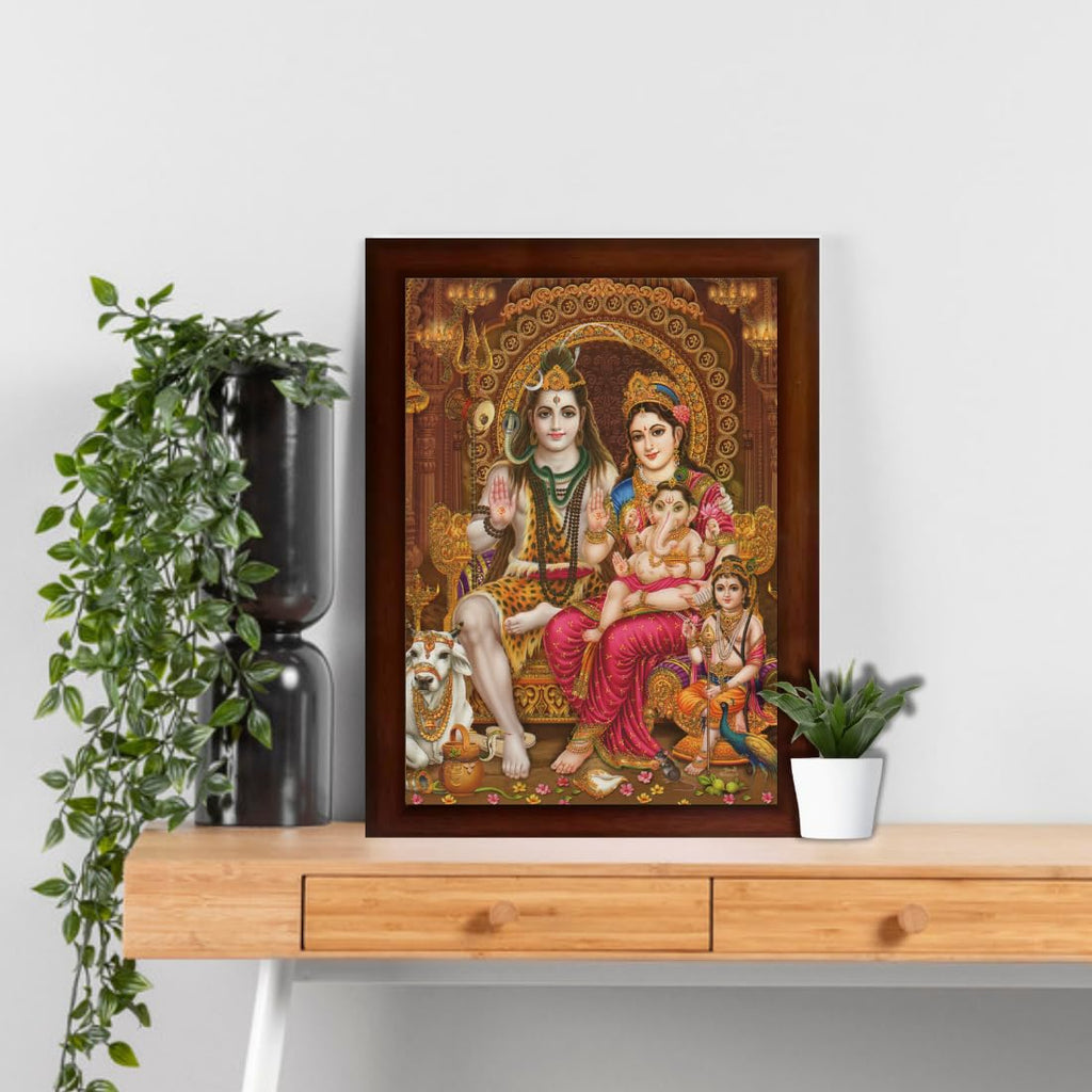 CRAFT QUEST Shiv Parivar | Shiv Parvati (Shiv Shankar, Maa Parvati, Ganesh and Kartikey) Religious Synthetic Photo Frame Sparkle Coated for Pooja (10 X 13 inch, Multicolour)