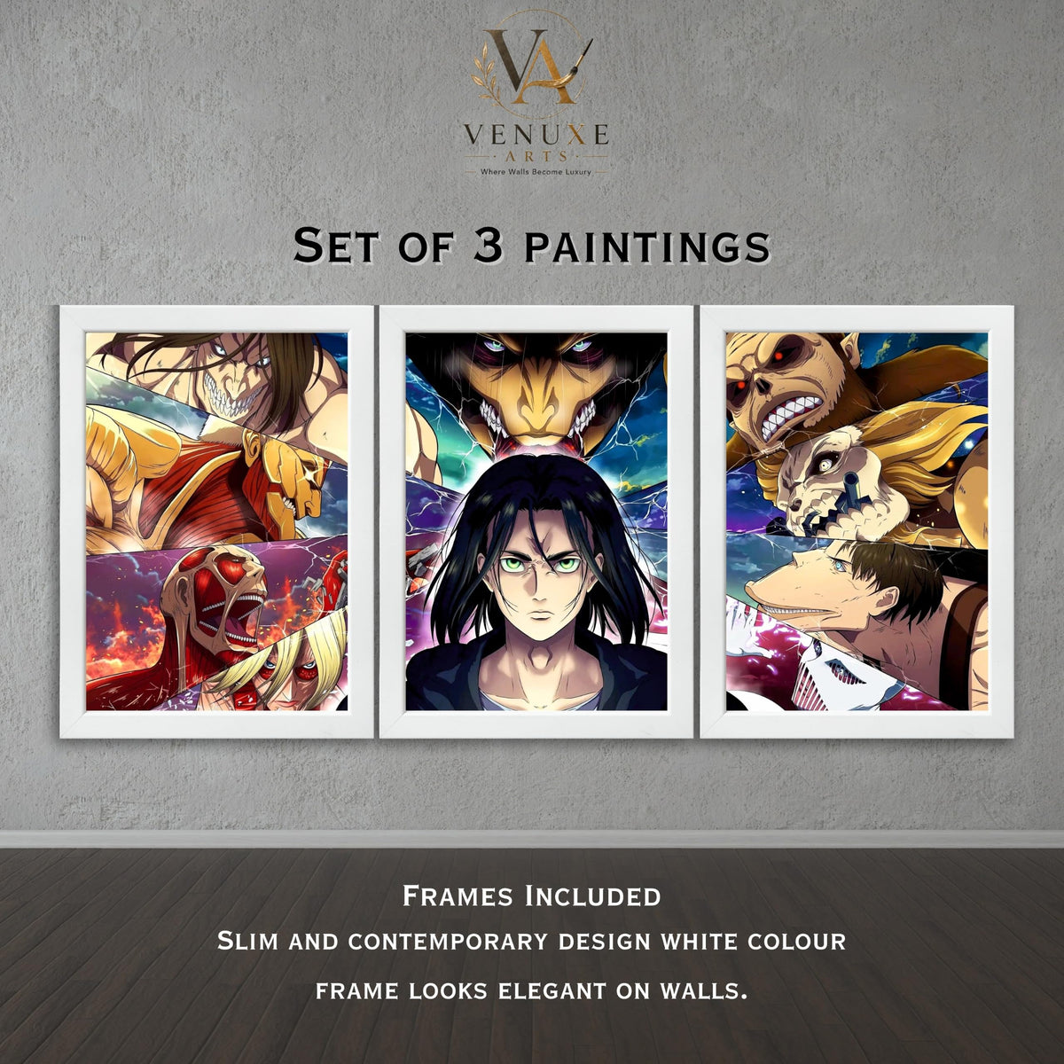 VENUXE ARTS Set Of 3 Anime Characters Wall Framed |Anime Characters Framed Poster for Living Room Bedroom Gaming Room Studio Wall Decor