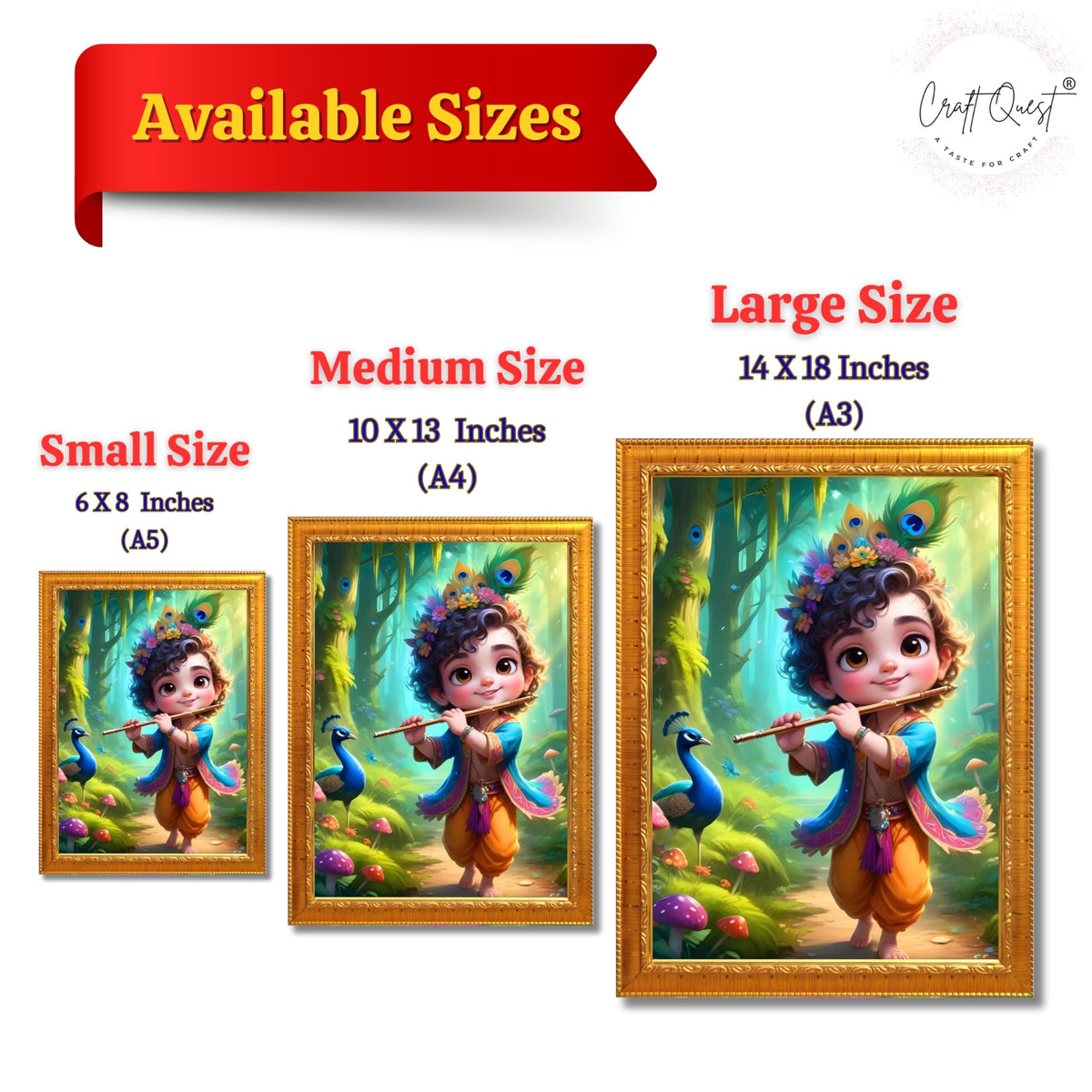 CRAFT QUEST Cute Little Krishna Frame | Bal Gopal HD Painting | Home Temple, Office Desk, Wall Décor Item
