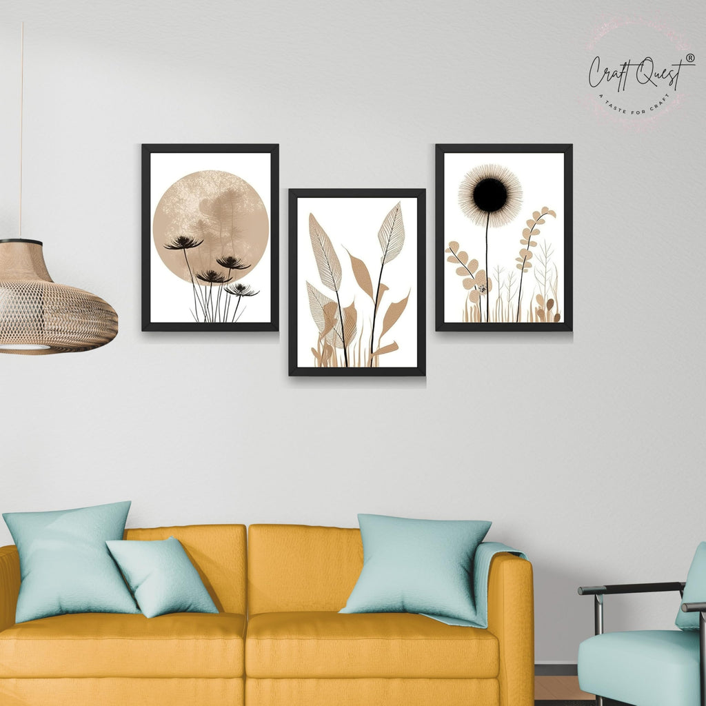 CRAFT QUEST Boho Minimalist Abstract Wall Art | Set of 3 Frames for Home Decoration | Ideal for Living Room, Bedroom & Offices