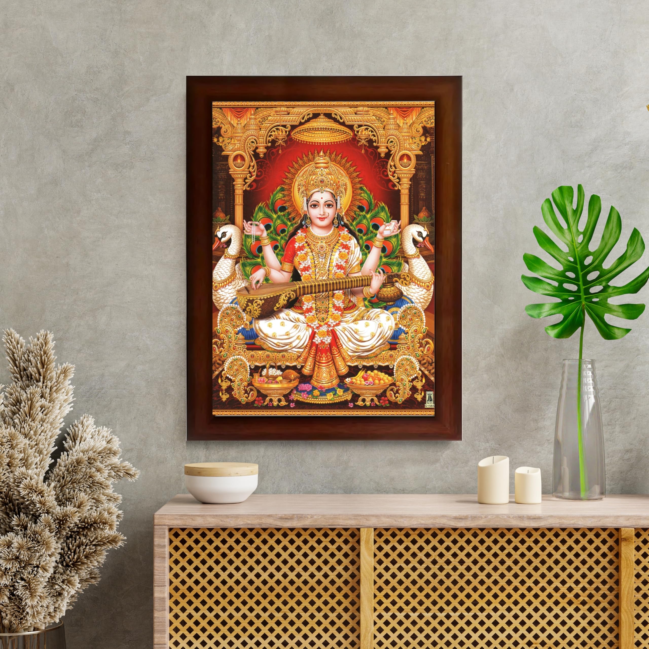 CRAFT QUEST Saraswati Devi Goddess Saraswathi Maa Wall Painting Framed For Home Décor Synthetic wooden Framed