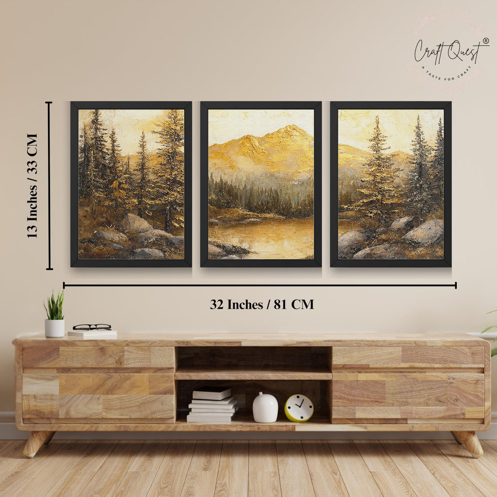 CRAFT QUEST Nature Inspired Painting Of Mountain With Trees Wall Art | Set of 3 Frames for Home Decoration | Ideal for Living Room, Bedroom & Office