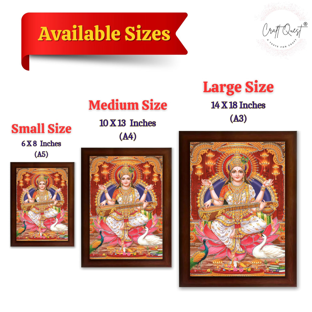 CRAFT QUEST Saraswati Devi Goddess Saraswati Maa Wall Painting Framed Home Decor wooden framed
