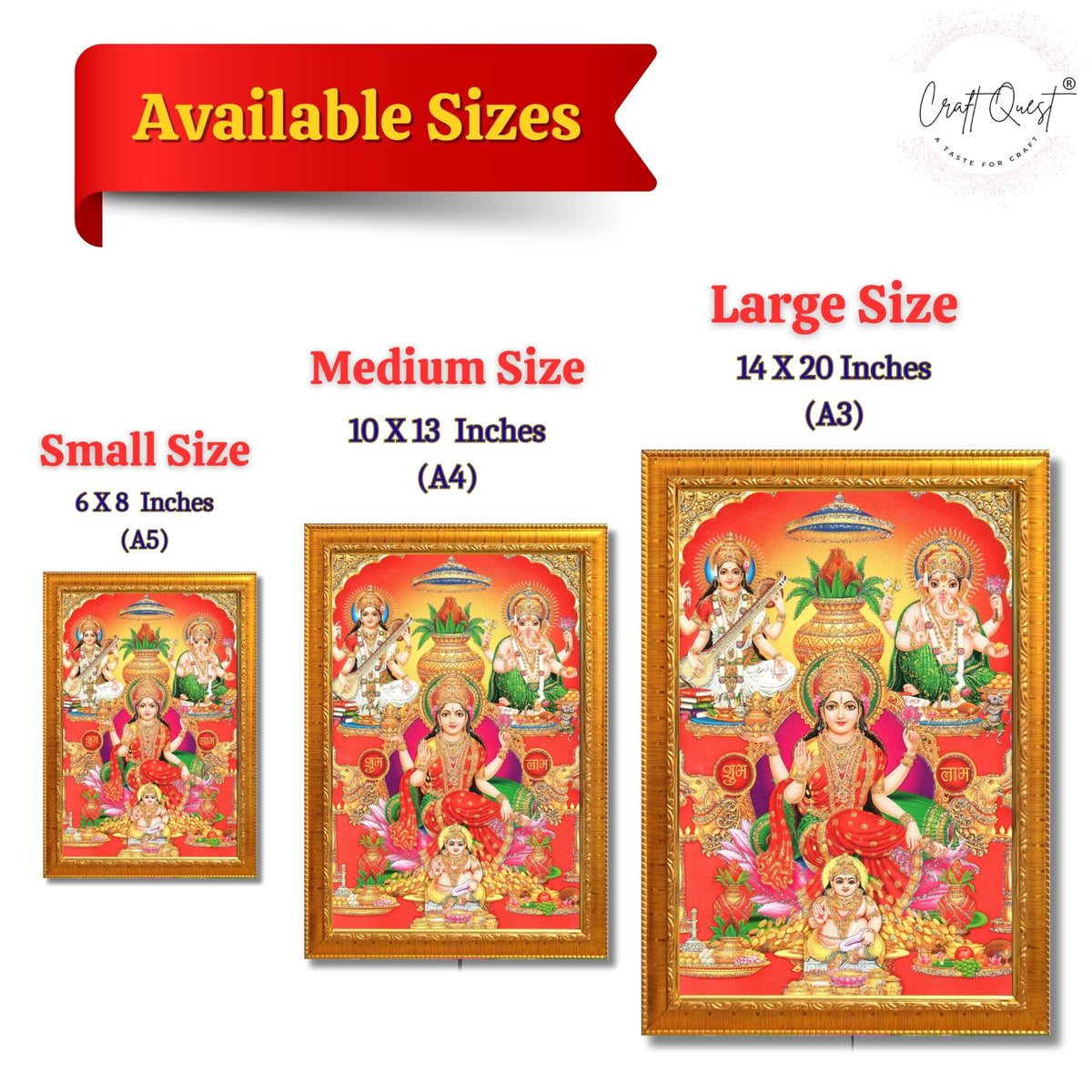 CRAFT QUEST Lakshmi Devi Ganesha Saraswati Ganesh Hanging Wall Painting Framed Home Decor Hindu Bhagwan Devi Devta Photo Frame