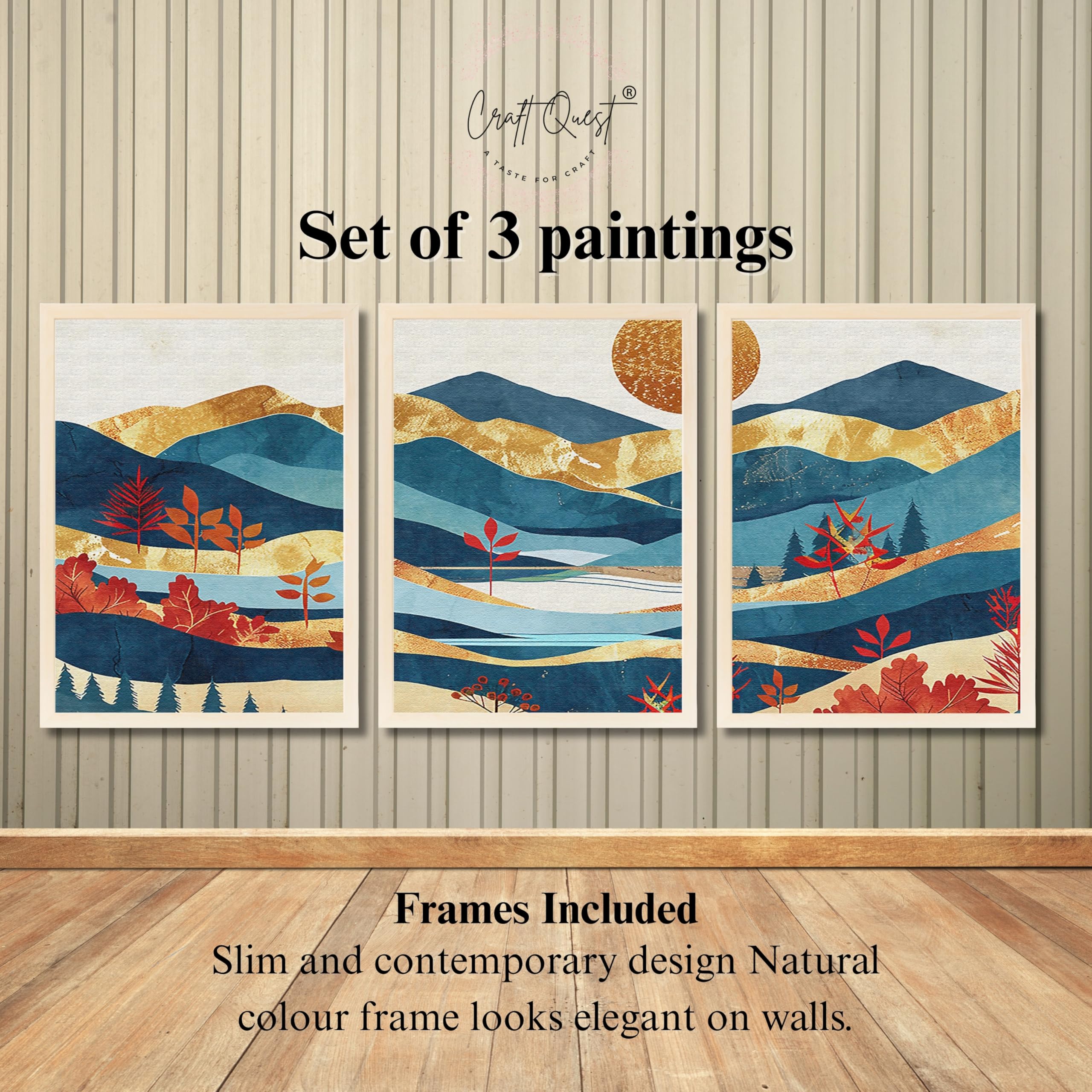 CRAFT QUEST Modern Art Pictures With Mountains & Trees Wall Art | Set of 3 Frames for Home Decoration | Ideal for Living Room, Bedroom & Offices