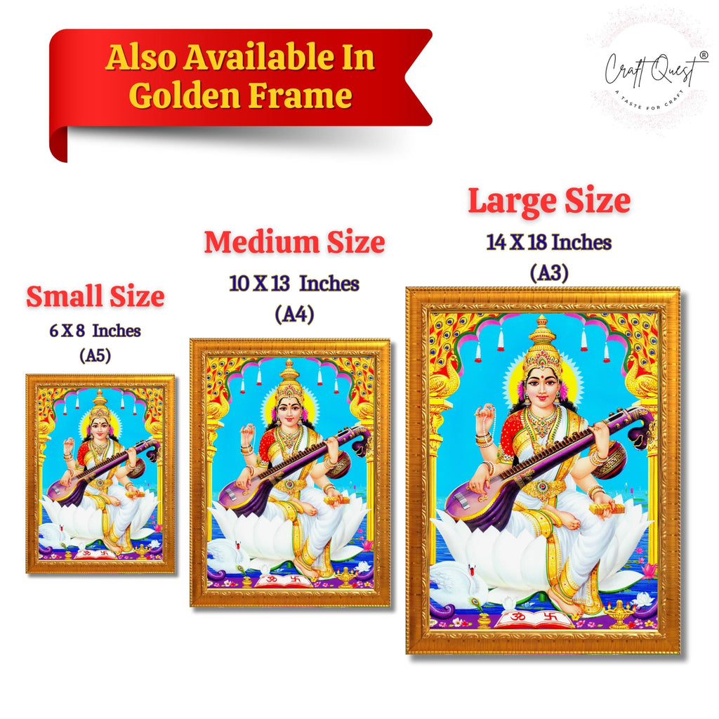 CRAFT QUEST Saraswati Devi Goddess Saraswathi Maa Wall Painting Sparkle Coated Framed Home Décor Synthetic wood Frame
