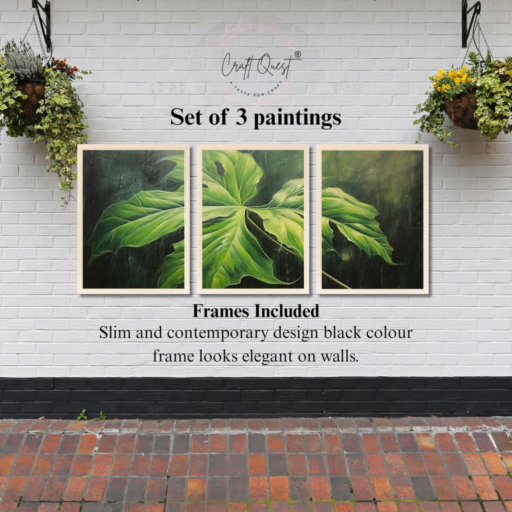 CRAFT QUEST Nature Inspired Painting Of Plant With Green Leaves Wall Art | Set of 3 Frames for Home Decoration | Ideal for Living Room, Bedroom & Offices