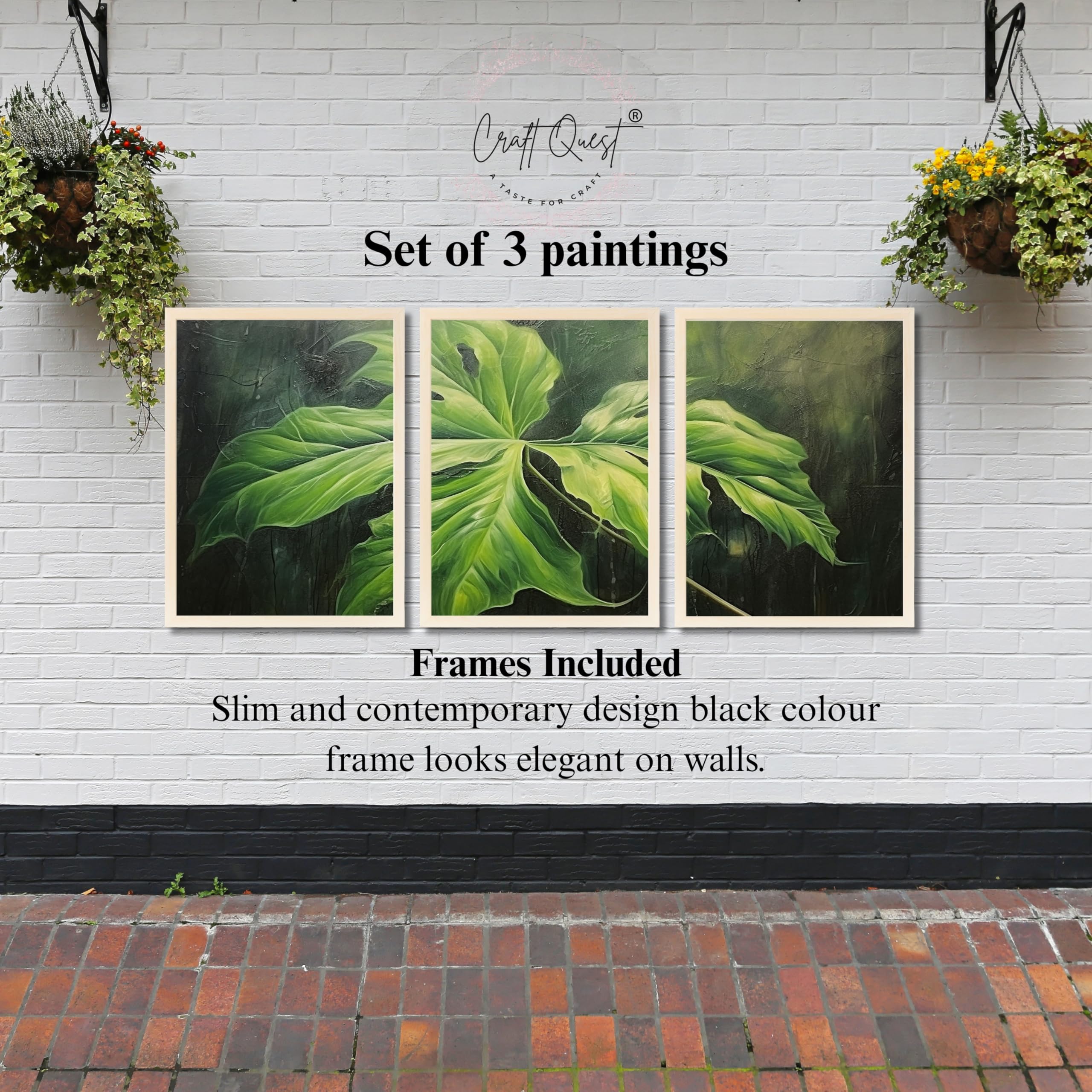 CRAFT QUEST Nature Inspired Painting Of Plant With Green Leaves Wall Art | Set of 3 Frames for Home Decoration | Ideal for Living Room, Bedroom & Offices