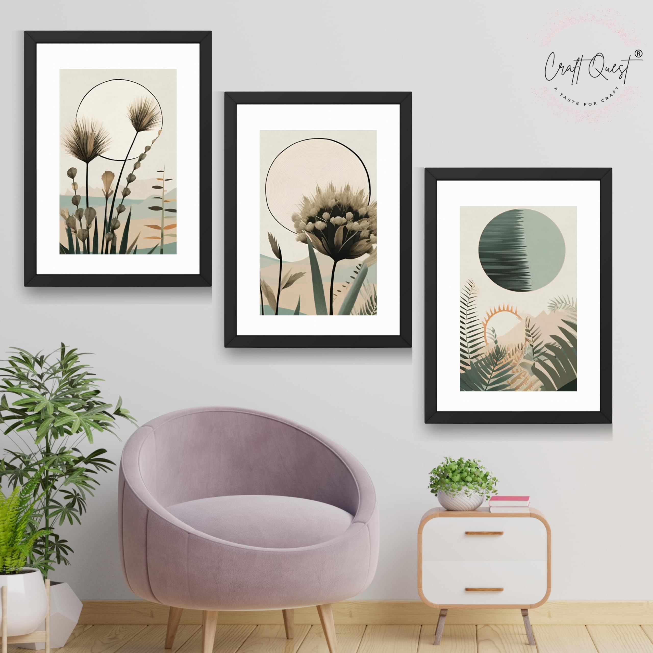 CRAFT QUEST Boho Abstract Flowers & Leaves | Set of 3 Frames for Home Decoration | Ideal for Living Room, Bedroom & Offices