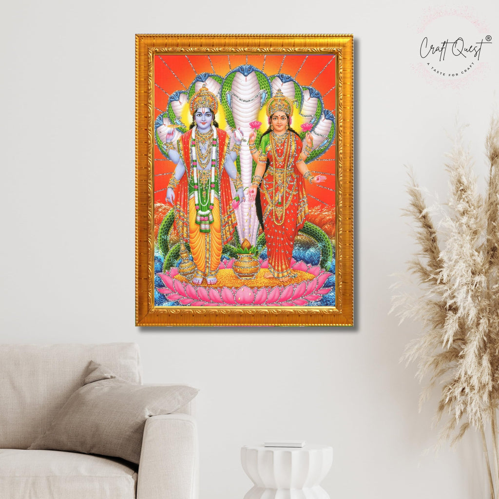 CRAFT QUEST Lord Vishnu Lakshmi Devi Laxmi Narayan Ji Wall Painting Framed Home Décor