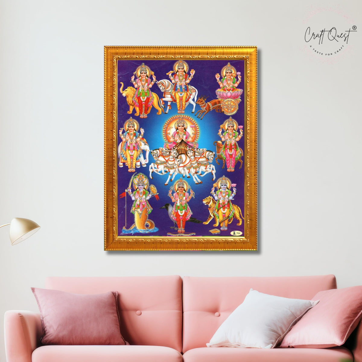 CRAFT QUEST Lord Surya Dev Bhagavan Bhagwan with 7 Horses Wall Painting | Hindu God Spiritual Framed | Ideal for Home, Office, Temple & Puja Room, Wall Decor
