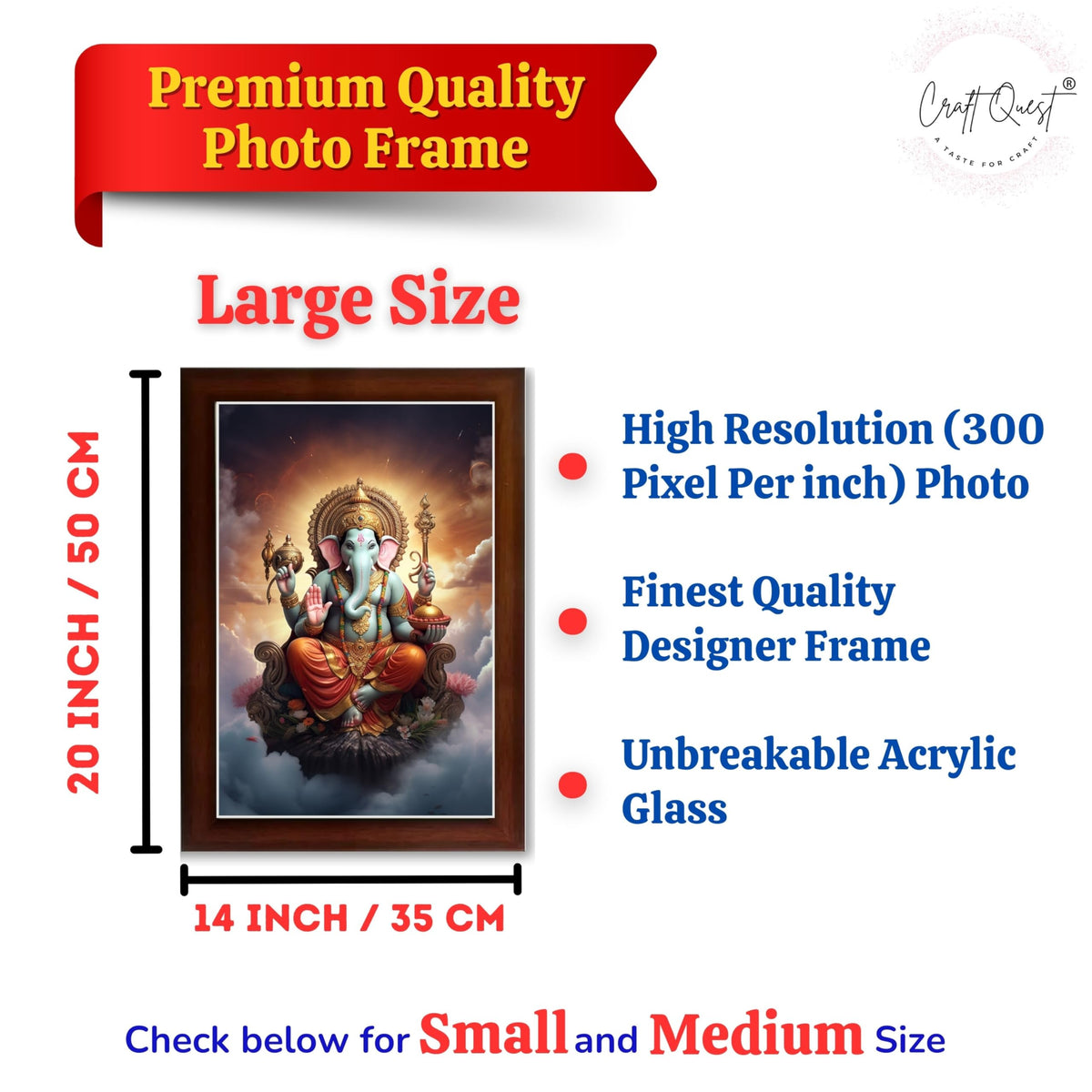CRAFT QUEST God Ganesha Ganpati ji Photo Frame Wall Decor Mandir Pooja Poster Religious Painting Divine Hindu Temple Decoration Spiritual Blessings Home Office Gift