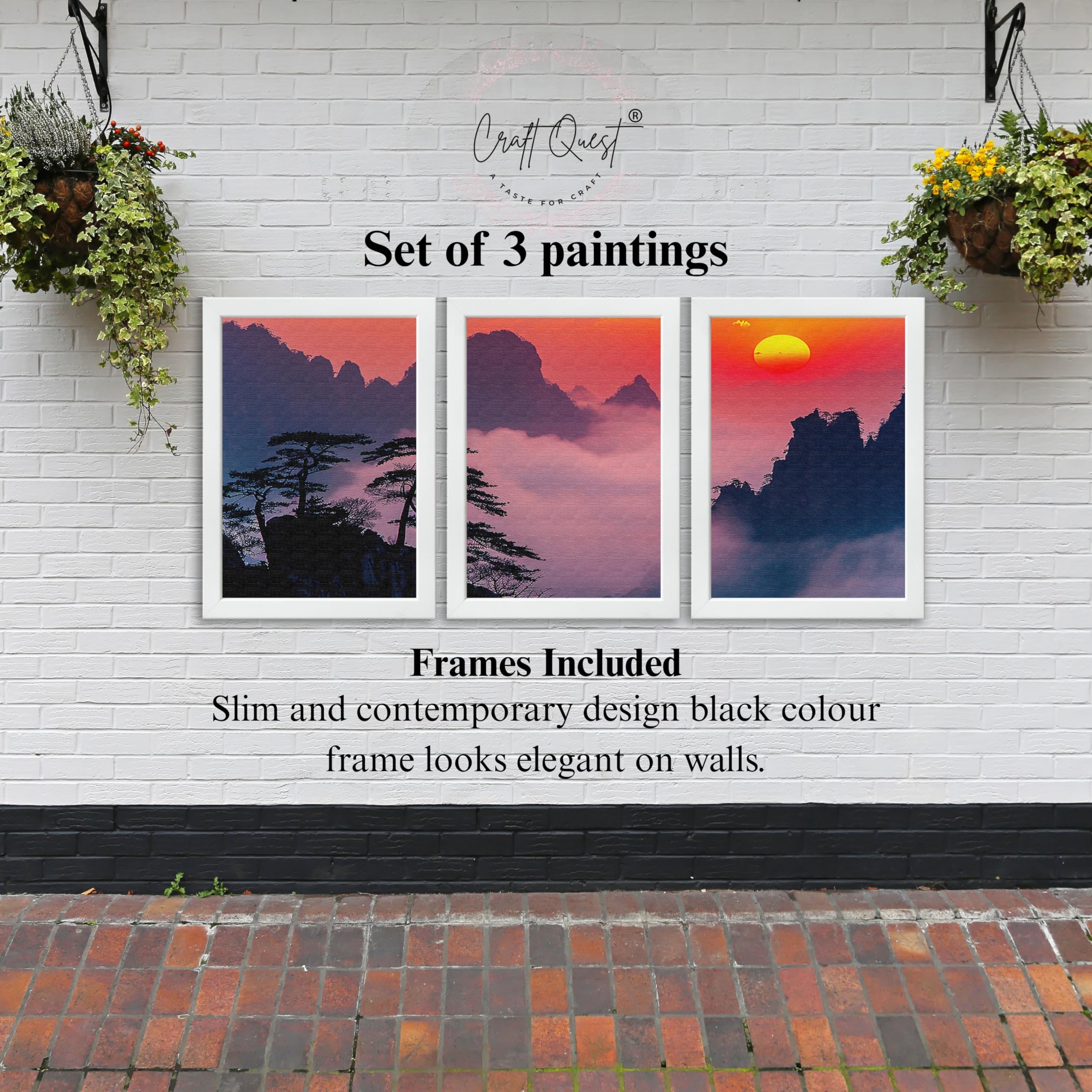 CRAFT QUEST Nature Inspired Mountains & Clouds Wall Art | Set of 3 Frames for Home Decoration | Ideal for Living Room, Bedroom & Offices