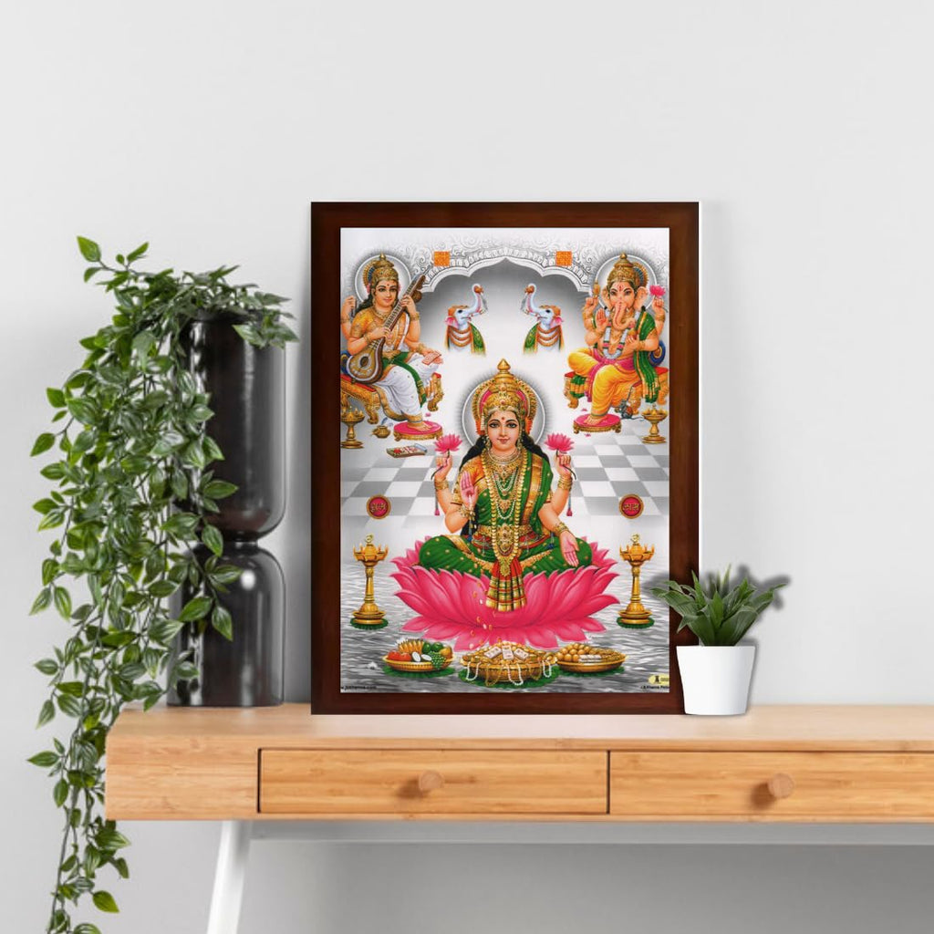 CRAFT QUEST Goddess Lakshmi Devi with ganesh ji and saraswati maa Wall Painting Frame Home Decor