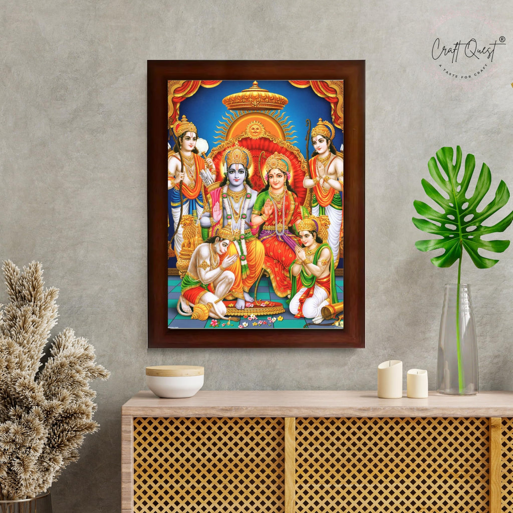 CRAFT QUEST Lord Shri Ram Darbar Sita Mata Parivar Family Wall Painting Framed Home and Pooja Decor