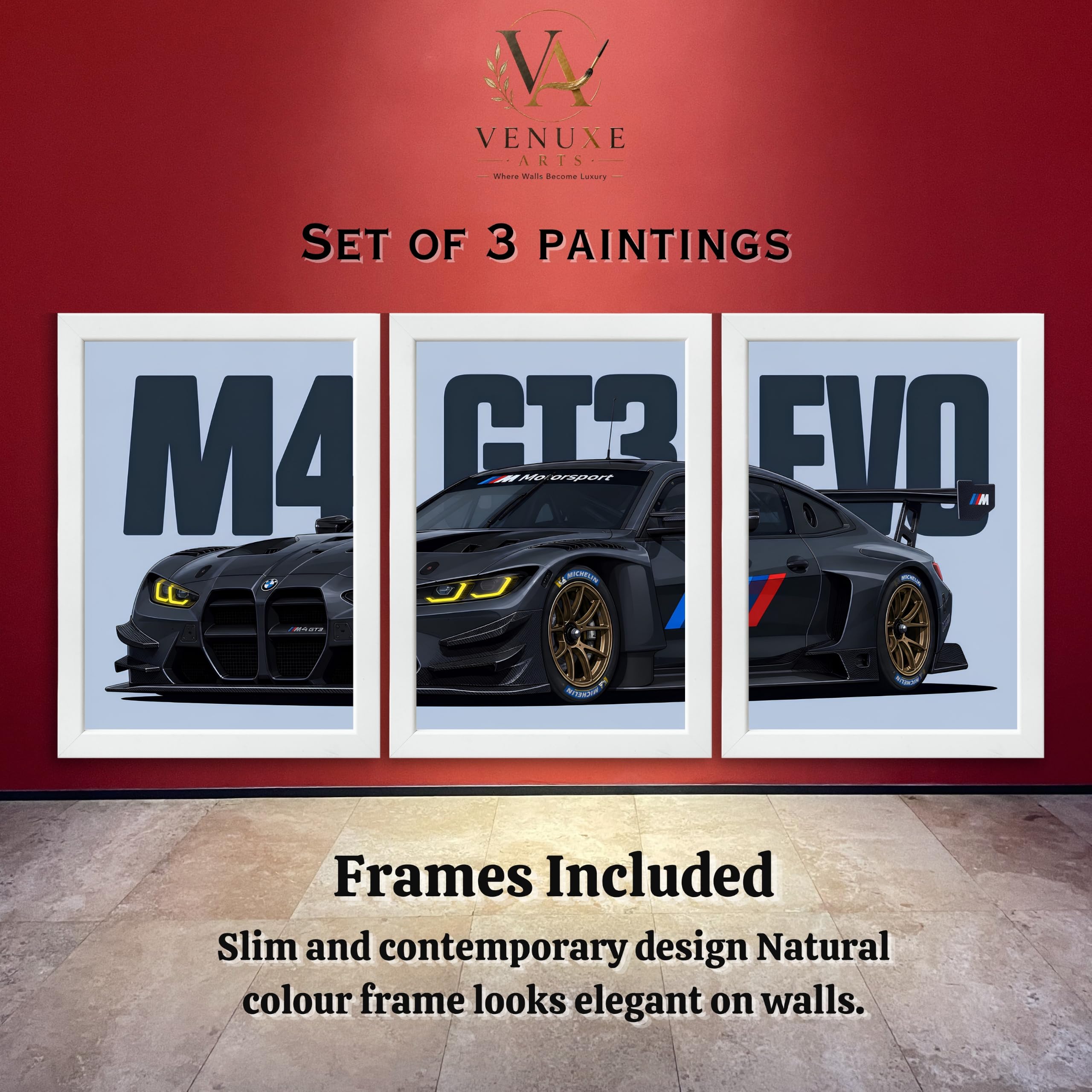 VENUXE ARTS Set Of 3 Big Sports Cars Framed Posters Gift Items for Boys Room Wall Decoration Bedroom Living Room Office Studio Décor | Car Poster Frame for Wall Décor
