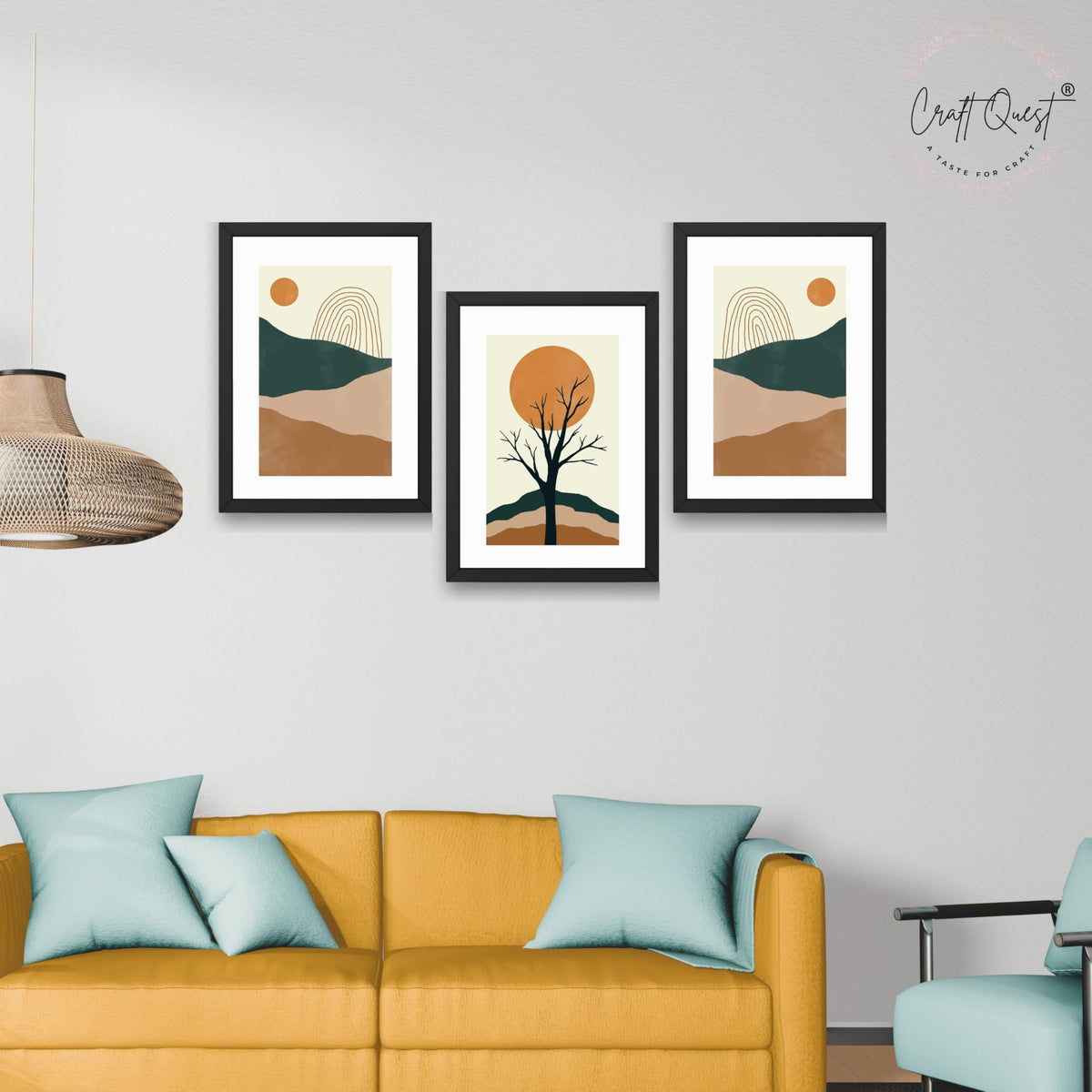 CRAFT QUEST SET OF 3 Modern Abstract Landscape Art | Set of 3 Frames for Home Decoration | Ideal for Living Room, Bedroom & Offices