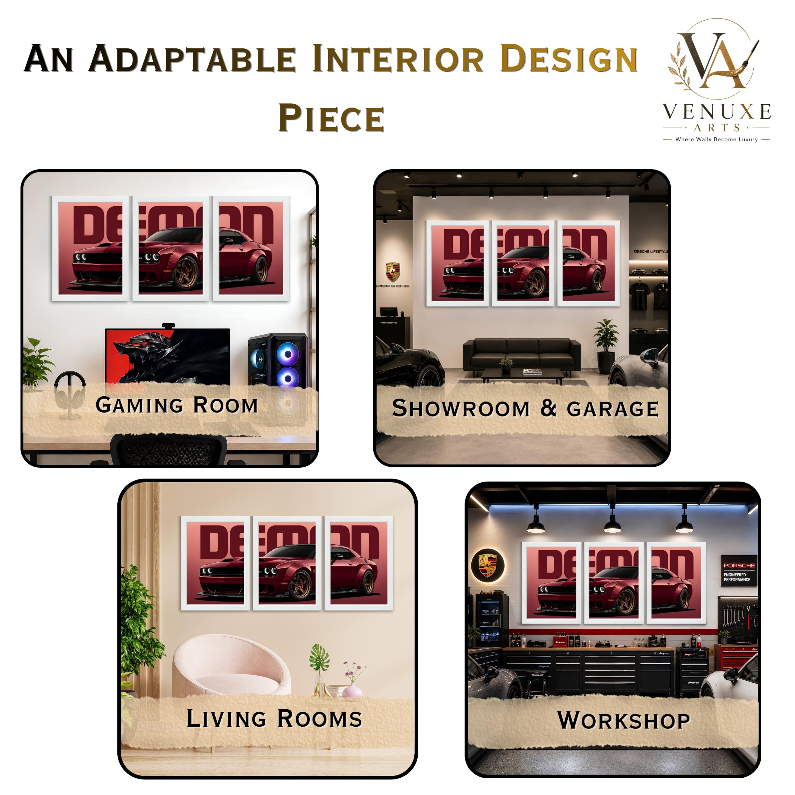 VENUXE ARTS Set Of 3 Big Sports Cars Framed Posters Gift Items for Boys Room Wall Decoration Bedroom Living Room Office Studio Décor | Car Poster Frame for Wall Décor