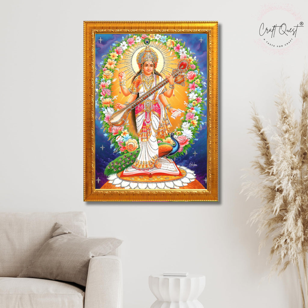 CRAFT QUEST Saraswati Devi Goddess Saraswati Maa Wall Painting Sparkle Coated Framed Home Decor wooden framed