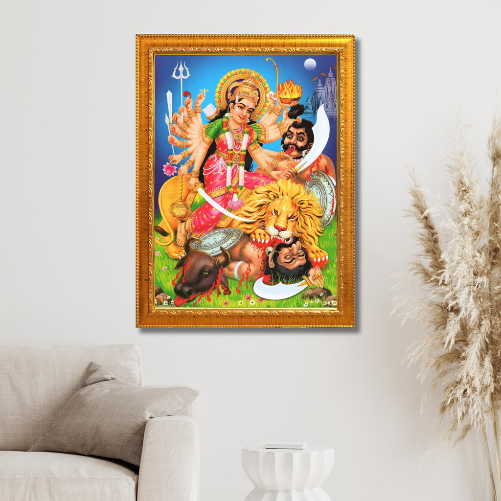 CRAFT QUEST Durga mata Mahishasura Mardini | Mahisasur Mardhini Durga Maa Wall Painting Framed, Religious Photo Frame With Acrylic Glass