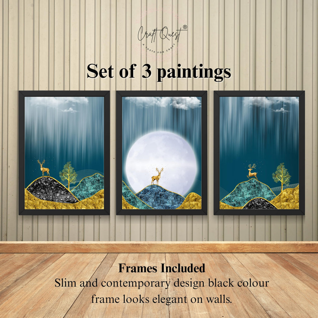 CRAFT QUEST Modern Art Landscape Of Moon & Golden Christmas Trees Wall Art | Set of 3 Frames for Home Decoration | Ideal for Living Room, Bedroom & Offices