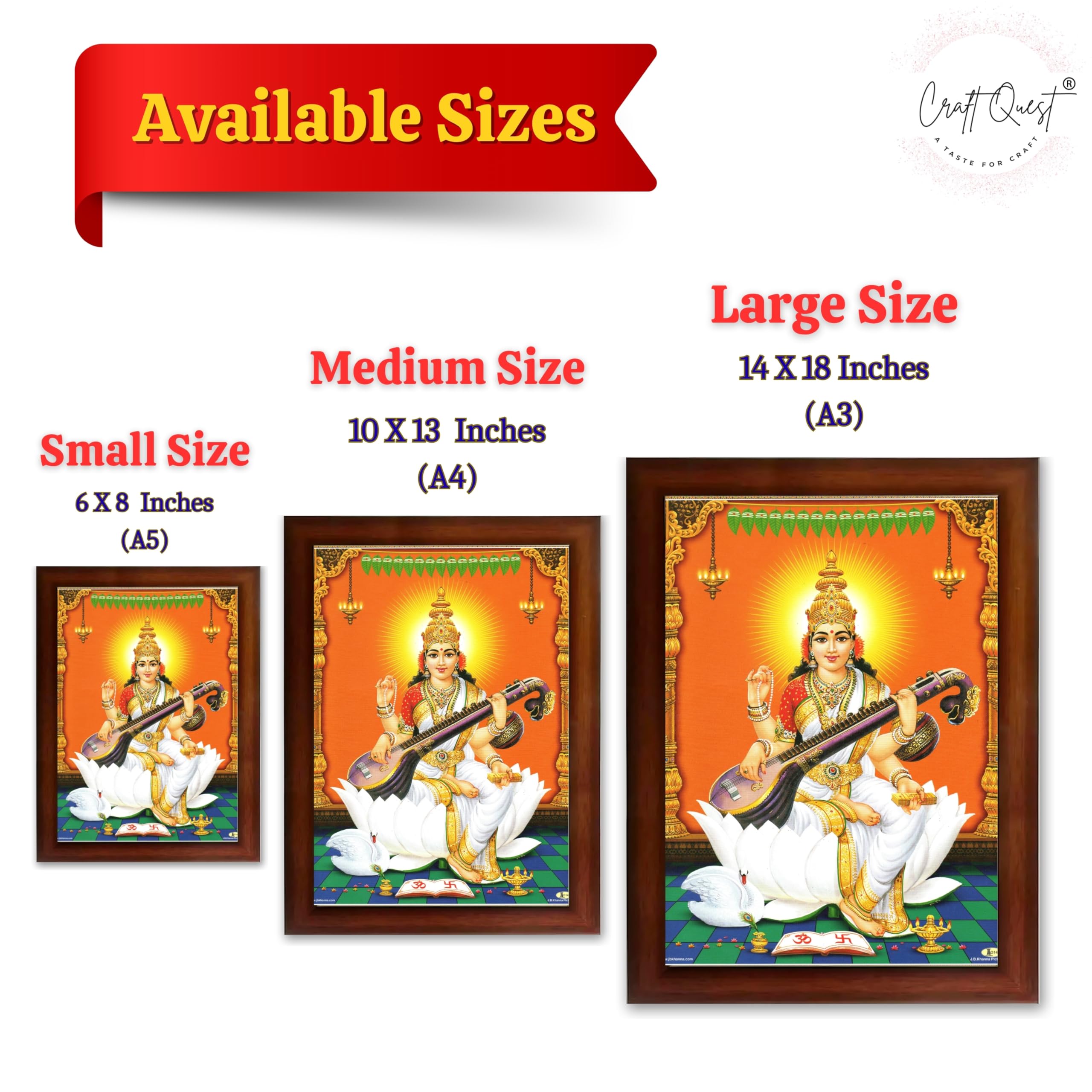 CRAFT QUEST Saraswati Devi Goddess Saraswathi Maa Wall Painting For Home Décor Synthetic wood Framed
