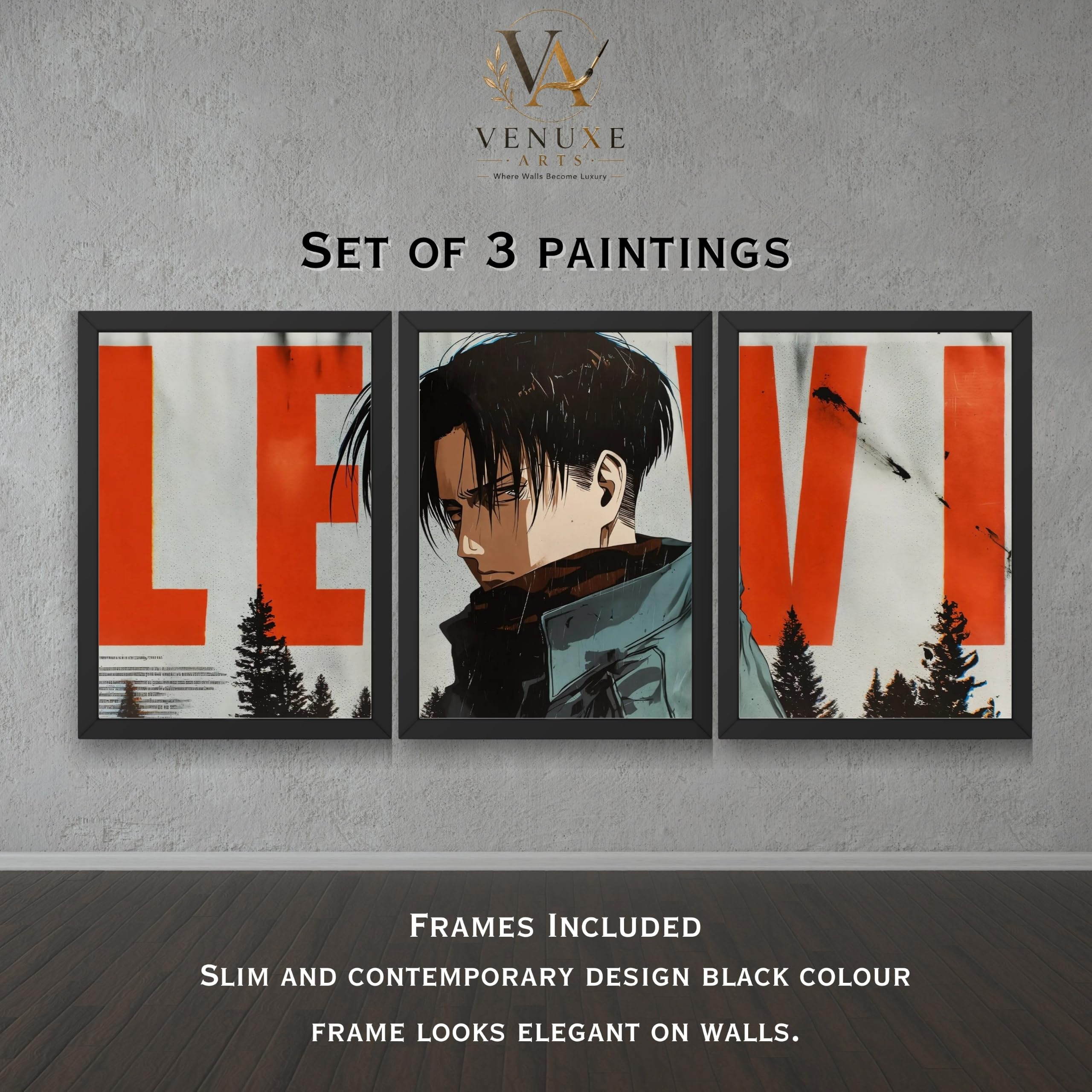 VENUXE ARTS Set Of 3 Anime Characters Wall Framed |Anime Characters Framed Poster for Living Room Bedroom Gaming Room Studio Wall Decor