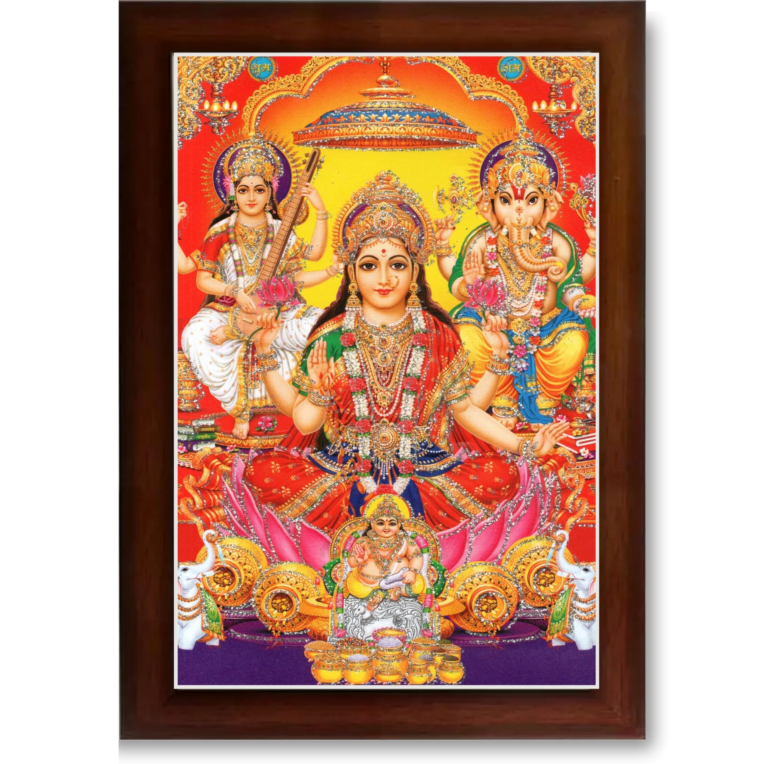 CRAFT QUEST Goddess Laxmi Ganesh Saraswati Religious God Hindu Photo Frame for Diwali,Temple, Pooja, Living Room Home and Decor Item