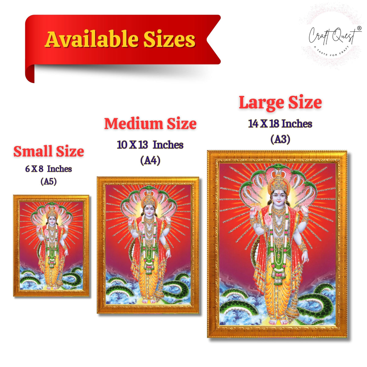 CRAFT QUEST Lord Vishnu Bhagwan Narayan Murti Mahavishnu Wall Painting Framed Home Décor, Religious Photo Frame