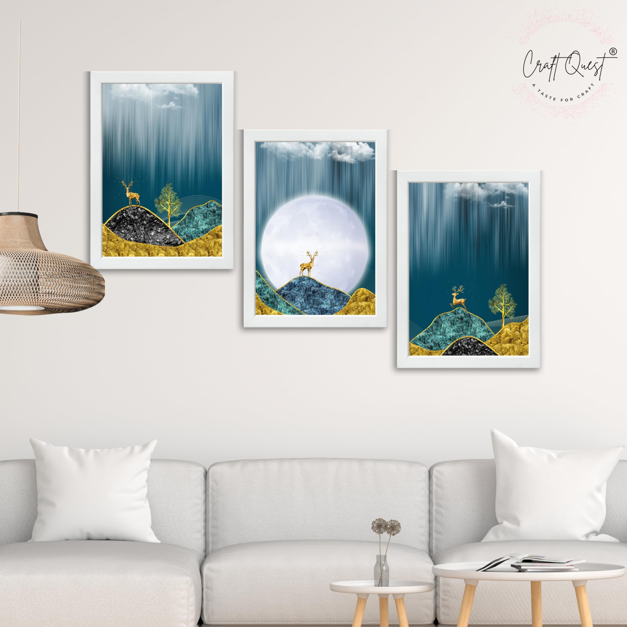CRAFT QUEST Modern Art Landscape Of Moon & Golden Christmas Trees Wall Art | Set of 3 Frames for Home Decoration | Ideal for Living Room, Bedroom & Offices