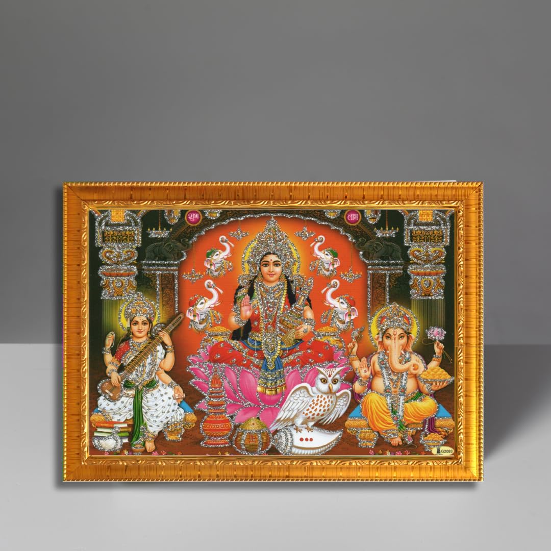 CRAFT QUEST Lakshmi Devi with ganesh ji and saraswati maa Wall Painting Frame Home Decor (Synthetic, Sparkle Finish, Golden, Small Size, 8 X 6 Inch)