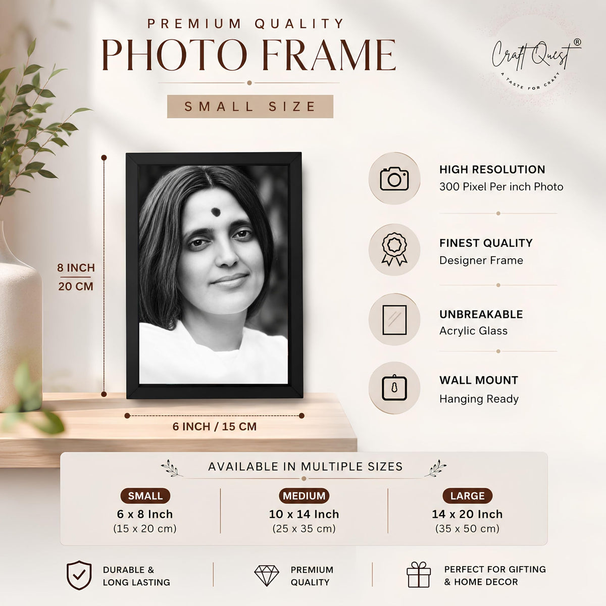 CRAFT QUEST Ma Anandamayi Devi Photo Frame for Wall | Anandamayi Maa Spiritual & Devotional Wall Art | Hindu Saint Photo for Puja Room, Meditation Room, Home & Office Décor | Religious Gift