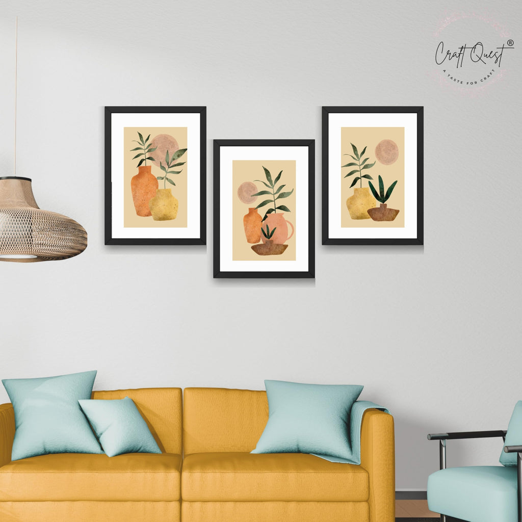 CRAFT QUEST Wall Art Decor Paintings | Set of 3 BOHO Wall Art Frames for Home Decoration | Ideal for Living Room, Bedroom & Office