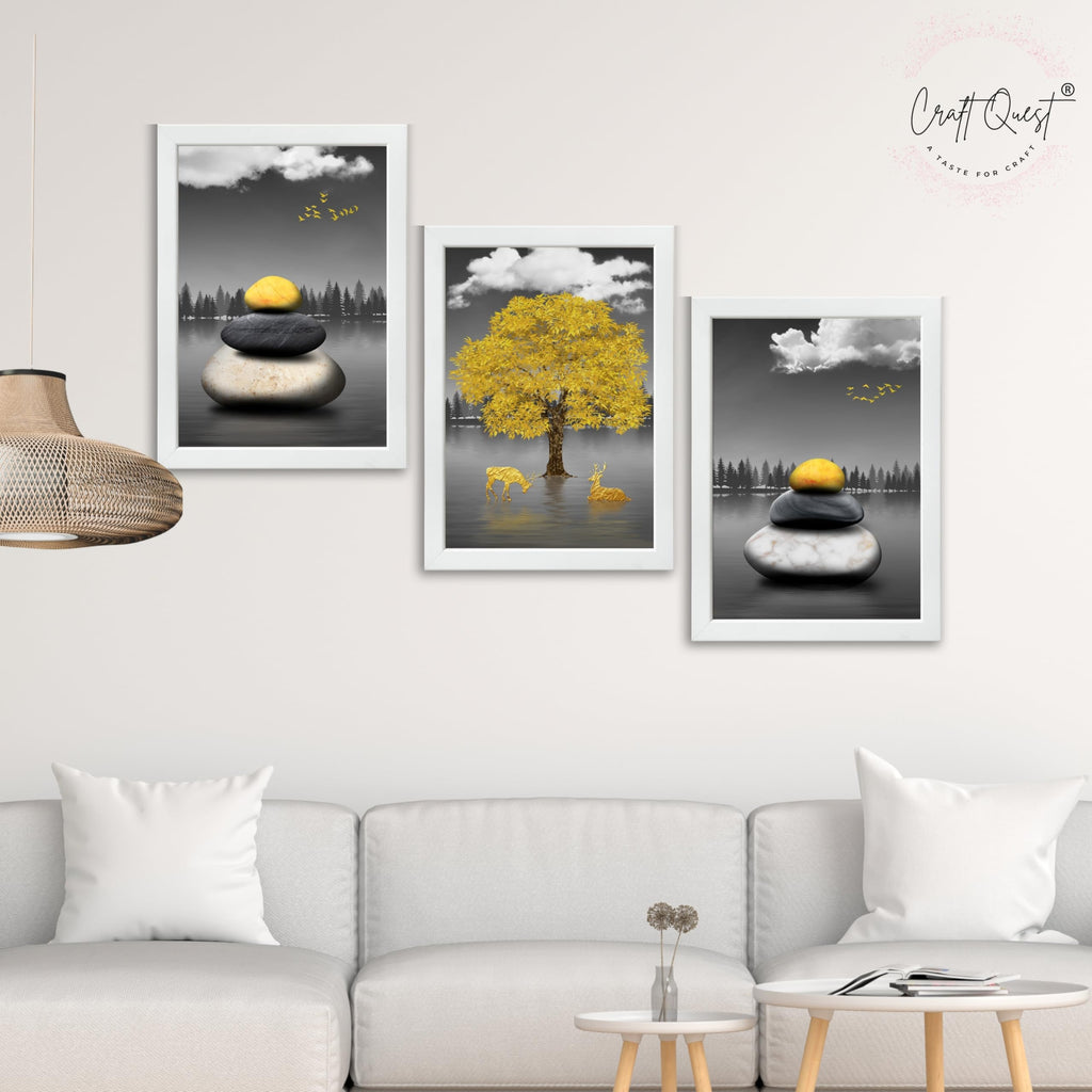 CRAFT QUEST Modern Art Geometric Landscapes Wall Art | Set of 3 Frames for Home Decoration | Ideal for Living Room, Bedroom & Offices