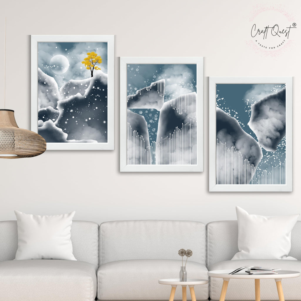 CRAFT QUEST Modern Art Abstract Blue Landscape Wall Art | Set of 3 Frames for Home Decoration | Ideal for Living Room, Bedroom & Offices