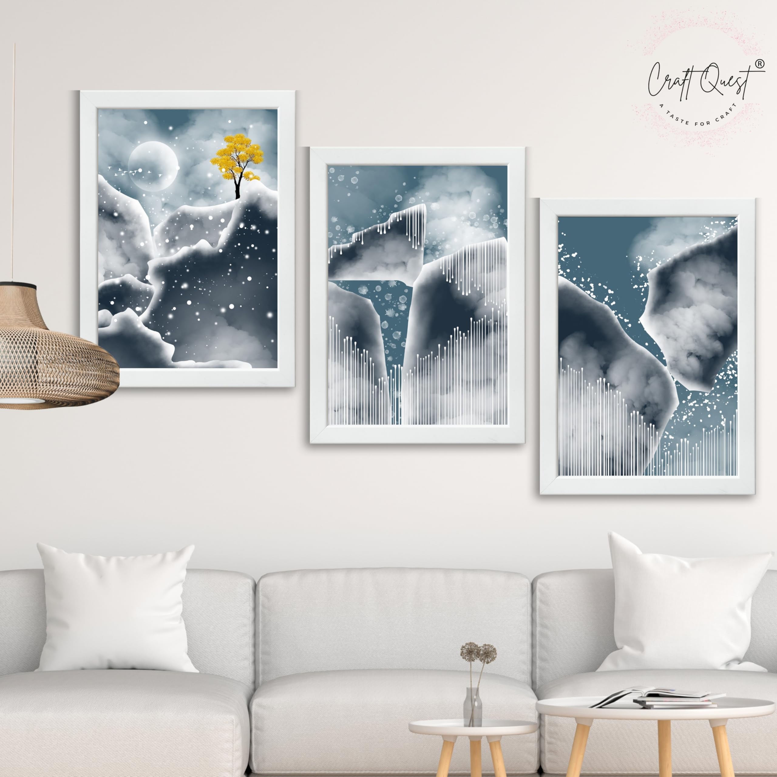 CRAFT QUEST Modern Art Abstract Blue Landscape Wall Art | Set of 3 Frames for Home Decoration | Ideal for Living Room, Bedroom & Offices