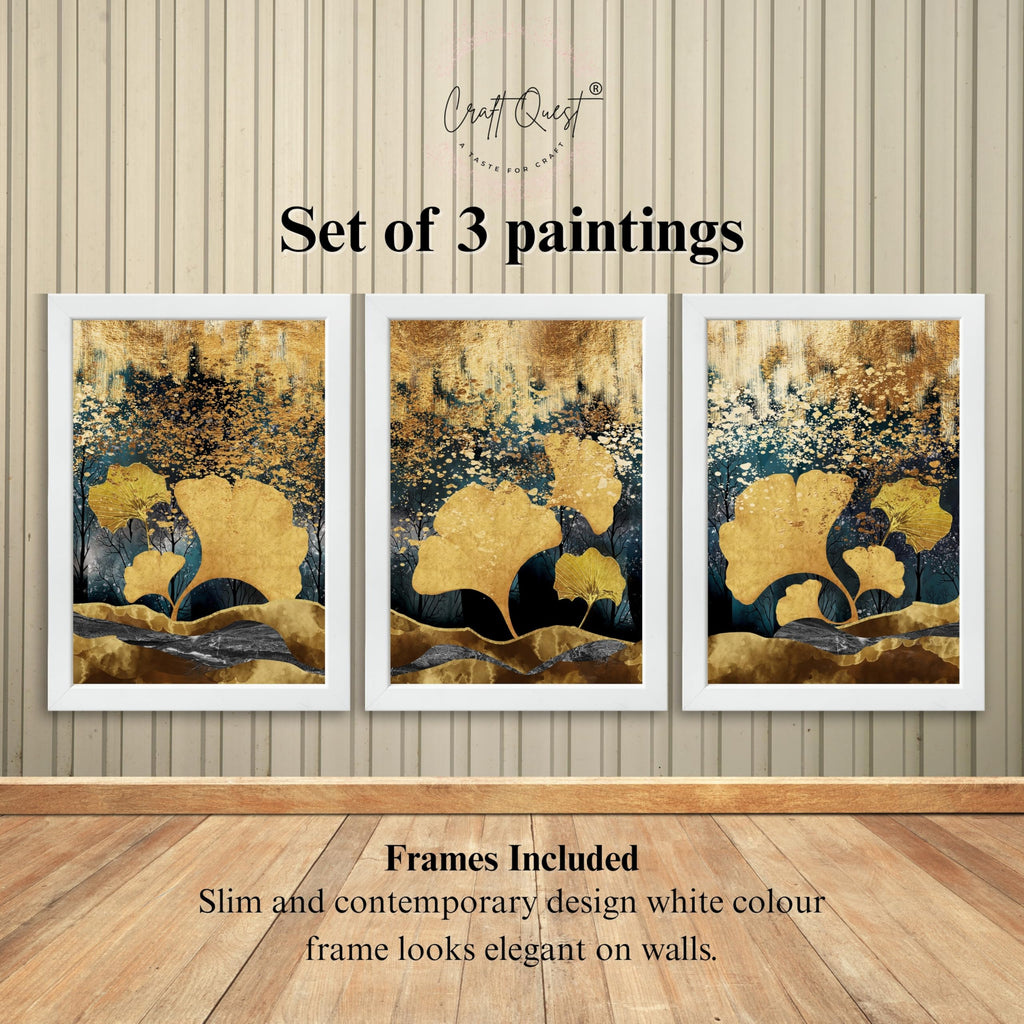 CRAFT QUEST Modern Art Of Ginko Leaves With Golden Mountains Wall Art | Set of 3 Frames for Home Decoration | Ideal for Living Room, Bedroom & Offices