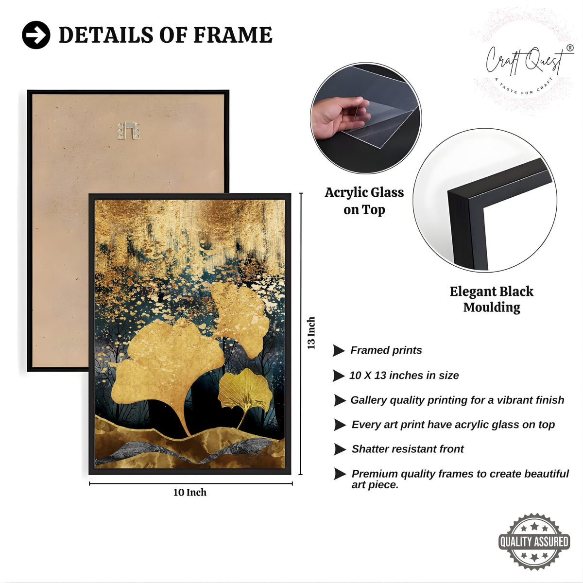 CRAFT QUEST Modern Art Of Ginko Leaves With Golden Mountains Wall Art | Set of 3 Frames for Home Decoration | Ideal for Living Room, Bedroom & Offices
